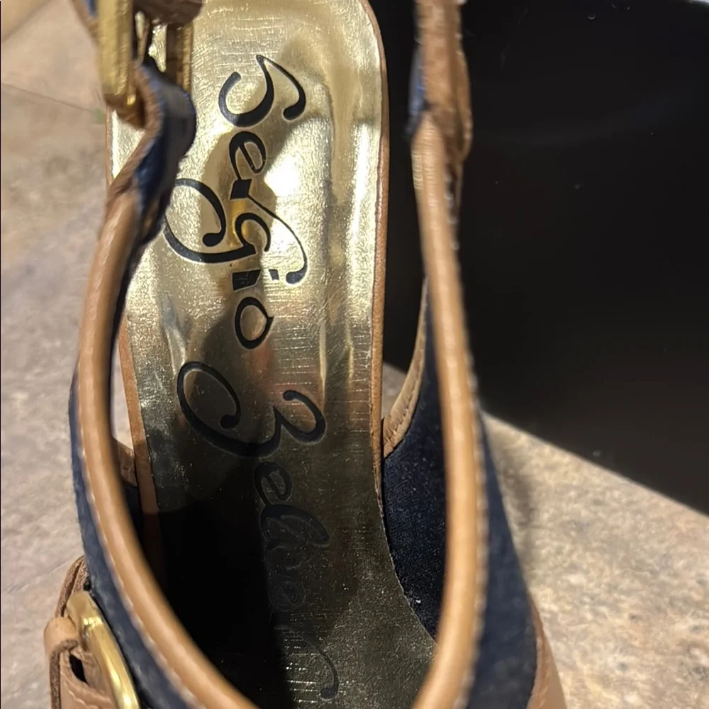 Sergio Zelcer Blue and Tan Platform Peep-Toe Heels EUC - Picture 2 of 4